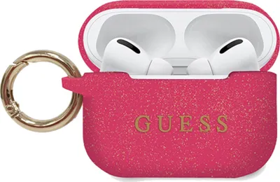 A pink AirPods Pro case with a gold ring and the Guess logo.