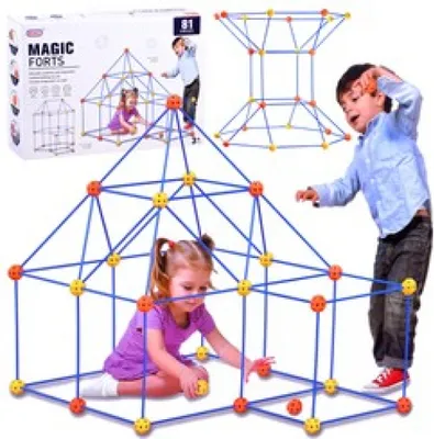 A collage showing a toy building set for children, with a box and examples of structures built with it, and children playing.