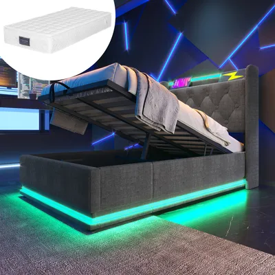 Produktbild von MODFU Boxspringbett Hydraulisches 90 x 200 cm mit LED-Beleuchtung(Drucktaste/App/Fernbedienung,), Polsterbett Funktionelles mit USB&Typ-C-Ladeanschluss, Einzelbett Stauraumbett mit Bettkasten Stauraum, Leinen Grau(Mit\ Matratze)