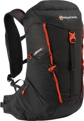 Schwarzer Rucksack "Trailblazer 25" von Montane mit roten Akzenten; ideal für Wandern.