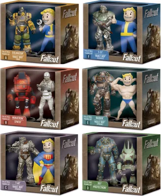 A collage of six Fallout collectible figure sets, each in its own box, displayed against a light gray background.