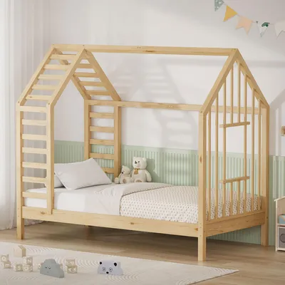 Produktbild von ML-Design Kinderbett 80x160 cm Natur mit Lattenrost, Hausbett mit Dach & Fenster, Bettgestell aus Kiefernholz, Montessori Holzbett für Mädchen, Jungen