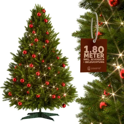 Obrázek produktu pro CASARIA® Umělý vánoční stromek 150 cm, světelná řetěz s 50 LED diodami v teplé bílé barvě, 40 vánočních ozdob, červený kovový stojan, vánoční stromek, smrk, PVC, zelený