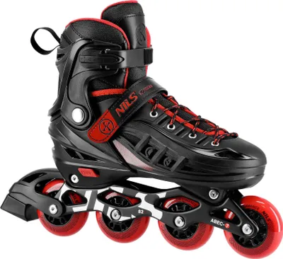 A black and red inline skate is shown against a white background.