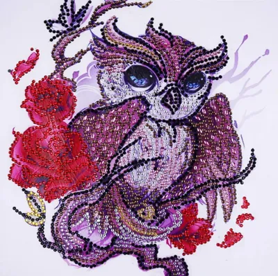 Diamantmalerei Spezialform, Eule & Rote Blume, 30x30 cm