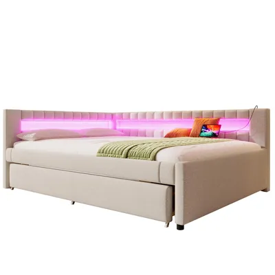Produktbild von Merax Tagesbett Daybett 140x200 cm, mit Ausziehbett 90x190 cm, LED, USB und Type-C, Schlafsofa, Schlafsofa, Beige
