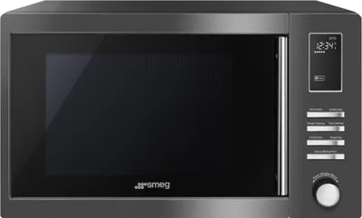 A front view of a dark gray Smeg microwave oven.