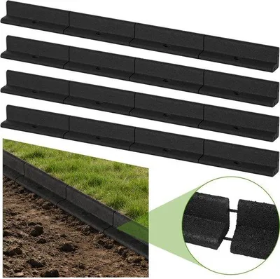 Zdjęcie produktu dla 4 sztuki czarnej gumowej obrzeża o długości 119 cm – samoczyszczące się ogrodzenie – w zestawie z 16 śrubami i 8 kołkami