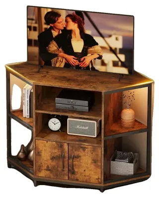 Productafbeelding van TV-kast, houten frame, LED-verlichting, afmetingen 105x50x79 cm, 6 open vakken, geschikt voor verschillende schermformaten