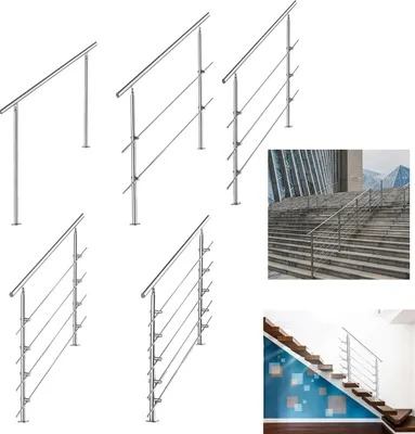 Obrázok produktu pre Jayseuw zábradlie z nehrdzavejúcej ocele s 2 stĺpikmi Pre vnútorné a vonkajšie schodiskové zábradlie s/bez priečok, zábradlie na balkón (150 cm, 5 priečok)
