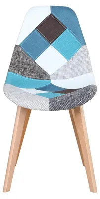 Produktbild von Skandinavische Essgruppe - 4 Stühle & runder Tisch - Patchwork-Stoff - Massivholz - Moderner Stil - Für Küche/Esszimmer - Blau