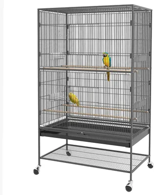 Image de Cage à oiseaux PawHut « Vogelbauer » avec perchoirs, cage à oiseaux avec étagère et roulettes en acier