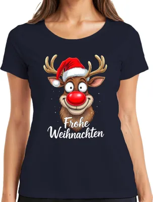 Produktbild von Frohe Weihnachten Lustiges Rentier Rudolf Weihnachtsmütze Cartoon Damen T-Shirt, Navy, M