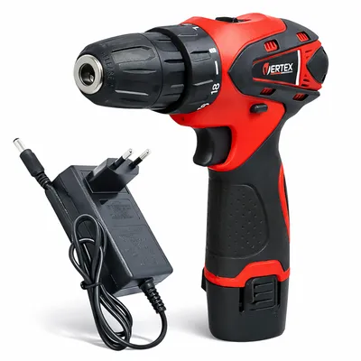 A cordless drill and its charger are shown against a white background.