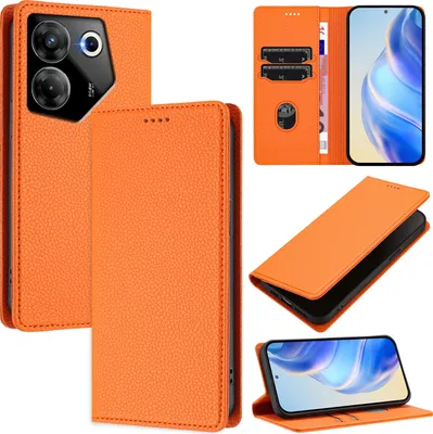 Produktbild von Litchi Leder Handyhülle für Tecno Camon 20 Pro 5G Wallet Kartenfächer Standfunktion Hülle Orange