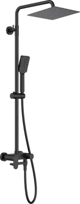 A black shower fixture with a rain shower head and a handheld shower head, set against a white background.