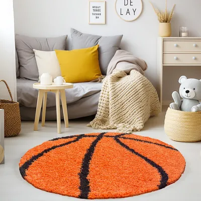 Produktbild von Kinderteppich Basketball Pflegeleicht Waschbar Strapazierfähig | Rund Orange 100x100 cm Kinderzimmer Fußbodenheizung | MATREI – Kadima Design