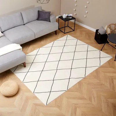 Produktbild von Teppich RHOMB waschbar 160 x 230 Cremeweiß, Rautenmuster, weicher Kurzflor, modern, skandinavisch, Mikrofaser, gummierte Unterfläche, schmutz- und wasserabweisend, pflegeleicht
