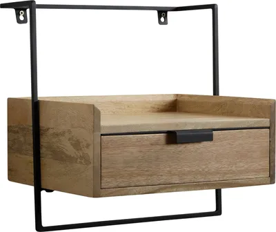 Productafbeelding van WOHNLING nachtkastje voor wandmontage, 44x45x35 cm, mango massiefhout, lichtbruin. Nachtkastje met lade, wandplank, zwevend, geschikt voor boxspringbed