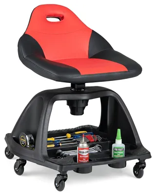 Produktbild von COSTWAY Werkstatthocker 360° drehbar, Rollhocker mit Lehne & 6 Rollen, Werkzeugablagen & 2 Getränkehaltern, gepolsterte Arbeitshocker bis 150kg