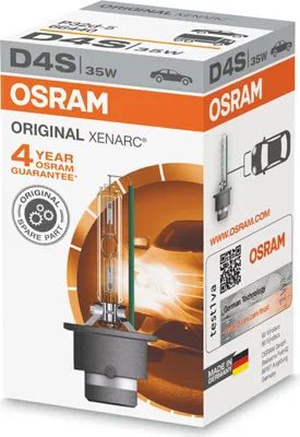A product box for OSRAM Xenarc Original Xenon D4S headlight bulbs.