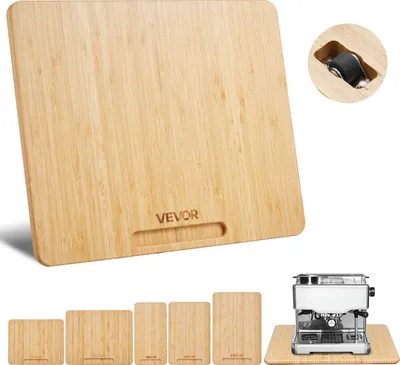 A collage image showcasing a bamboo cutting board with a handle, a close-up of a wheel inset, a coffee machine on a similar board, and several smaller bamboo boards of varying sizes.