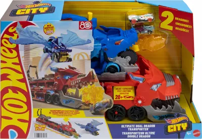 Produktbild von Mattel Hot Wheels City Hot Wheels ultimativer 2-in-1 Drachentransporter und 2 Spielzeugautos im Maßstab 1:64