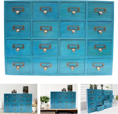 Produktbild von Apothekerkommode, 16 Schubladen, Schreibtisch-Organizer aus Holz, Vintage-Stil, Blau