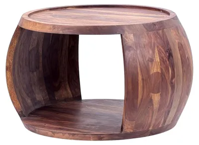 Produktbild von Couchtisch aus Sheesham Massivholz rund 60 cm · Wohnzimmertisch mit Ablagefach · Handgefertigter Sofatisch im natürlichen Landhausstil