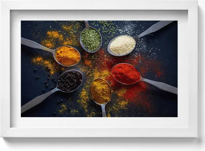 Produktbild von Küchenlöffel mit bunten Gewürzen– Wandbild mit Rahmen – Gerahmtes Bild  – Wanddekoration – 30x20 cm –  Weiß Rahmen