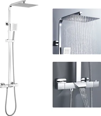 Produktbild von Auralum 3-Funktion Thermostat Duschsystem Regendusche mit Duscharmatur -Duschkopf Dusche Duschset Brause Garnitur Duschkopf Handbrause Duschstange fürs Bad/Badewannen