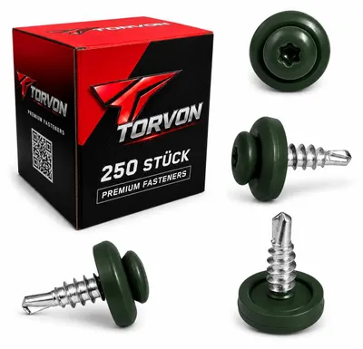 Produktbild von TORVON Selbstbohrende Blechschrauben mit EPDM Dichtscheibe Flachkopf Torx 4,8 x 19 mm RAL 6020 Chromoxidgrün 250 St.