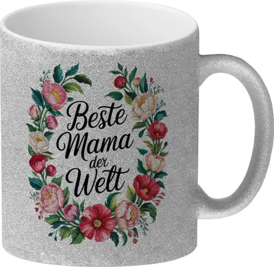 Produktbild von Beste Mama der Welt Glitzer-Kaffeebecher Blumenkranz