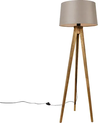 Zdjęcie produktu dla Rustykalna lampa stojąca na trójnogu z vintage'owego drewna z abażurem z lnu w kolorze taupe 45 cm - Tripod Classic