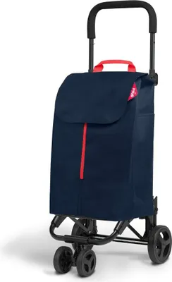 A navy blue shopping trolley with red accents and black wheels and handle, isolated on a white background.