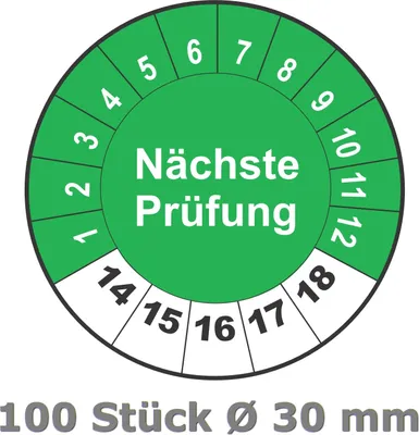 Produktbild von 100 Stück Prüfplaketten für 5 Jahre und 12 Monate, Durchmesser 30 mm, Farbe grün-weiss, Aufkleber, Prüfaufkleber, Prüfetiketten, Folienaufkleber mit UV-Schutzlackierung, Prüfung ( Auf-P2 )