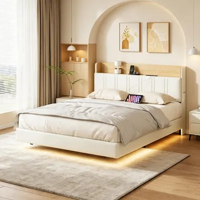 Zdjęcie produktu dla Łóżko platformowe INONEFT 160x200 z podświetleniem LED i portami USB, łóżko tapicerowane z pojemnikiem na pościel, łóżko młodzieżowe, podwójne, z zagłówkiem. Kolor: biały, materiał: skóra ekologiczna (PU).