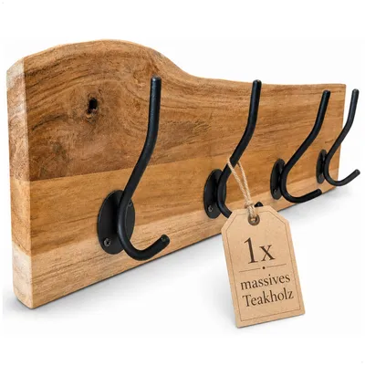 Produktbild von com-four® Hakenleiste aus Teakholz mit 4 Metallhaken - Wandgarderobe
