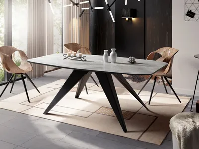 Produktbild von Ausziehbarer Esstisch im Loft-Stil - Industrieller Tisch mit Schwarzen Metallbeinen - Modernes Design für Wohnzimmer - 180 cm Ausziehbar auf 220 cm - Beton Grau