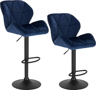 Obrázok produktu pre Happyment BarStool Pohodlná modrá - S operadlom - Zamatová - Nastaviteľná výška 60-82 cm - Ergonomická - Robustný oceľový rám - 1 kus