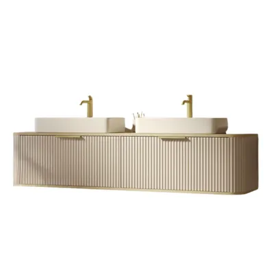 Produktbild von Waschtisch mit Unterschrank Set RIVELA mit 2 Schubladen 120 cm Kaschmir, 2 Keramik-Waschbecken Softclose geriffelter Front Badmöbel