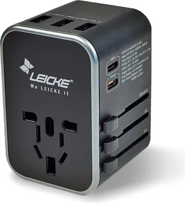 Produktbild von LEICKE Universaler Reiseadapter internationaler Reisestecker AC Steckdosenadapter, 6,5 A für 3 USB A Anschlüsse und 2 Typ C für mehr als 224 Länder