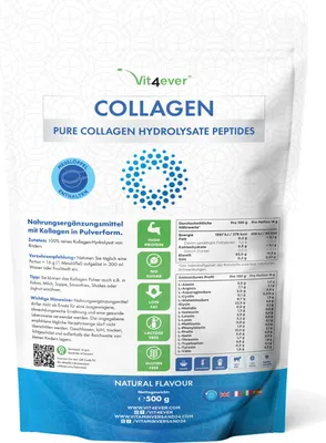 A white bag of collagen powder with product information and nutritional details printed on it.