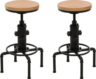 Two industrial-style bar stools with wooden seats and black metal bases are shown against a white background.