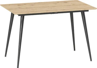A dining table with a light wood-effect top and black metal legs, shown against a white background.