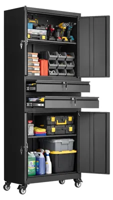 Immagine prodotto di SucceBuy: armadio metallico con 4 ante, 2 cassetti, 4 rotelle e 2 ripiani regolabili, altezza 1905 mm, portata massima 81,5 kg, versatile per garage, ufficio o officina, colore nero