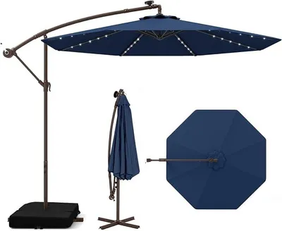 Imagen del producto de Sombrilla de 300 cm de diámetro, sombrilla colgante con soporte y luces LED, sombrilla de jardín con manivela, sombrilla para mercados con protección UV, sombrilla para terraza, jardín, piscina (azul)