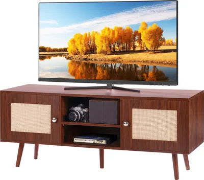 Produktbild von VEVOR rattanowa szafka TV, szafka TV boho na telewizor 140 cm, szafka TV retro, rattanowa konsola TV z regulowanymi półkami i 2 drzwiami, do salonu, pokoju multimedialnego, orzech włoski