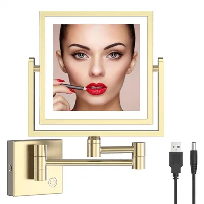 Image de Miroir de maquillage avec éclairage 3x zoom carré mat doré RECKODOR