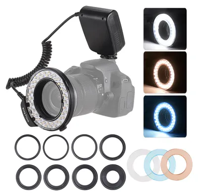 Zdjęcie produktu dla Pierścieniowa lampa błyskowa LED HD-130 do makrofotografii, wyświetlacz LCD, 3000šC15000 K, regulacja mocy GN15 z 3 dyfuzorami błysku, 8 pierścieni pośrednich do aparatów fotograficznych